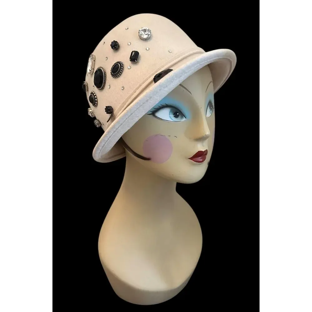 Complit by Marisa Designer 100% Wool Cream Cloche Hat Adorned One of Kind Bling - Picture 3 of 9